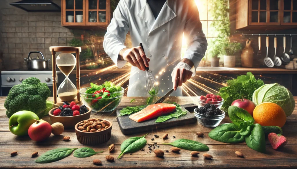 A dynamic image of a nutritionist preparing a meal with foods known for their benefits to the nervous system, such as salmon, nuts, leafy greens, and berries, on a well-lit kitchen countertop.
ALT Text: "A nutritionist preparing a healthy meal with foods like salmon and nuts, demonstrating a diet that supports nervous system health."