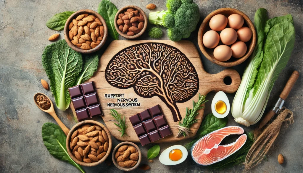 A natural-themed composition featuring a wooden cutting board with an assortment of foods that support the nervous system, including dark chocolate, almonds, eggs, leafy greens, and fish.
ALT Text: "A wooden cutting board displaying dark chocolate, almonds, and leafy greens, showcasing foods that enhance nervous system function."