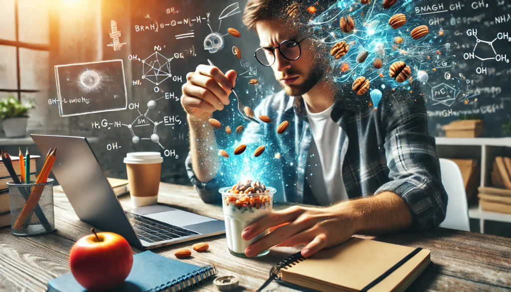 A student reaching for a brain-boosting test snack like a handful of nuts or a Greek yogurt while studying at a modern workspace with notebooks and a laptop.
ALT Text: "A student reaching for a healthy test snack while studying, highlighting the role of nutrition in academic success."