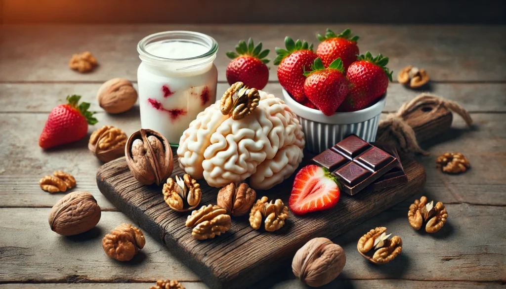 A natural-themed composition of brain-boosting test snacks like walnuts, strawberries, Greek yogurt, and dark chocolate, arranged on a rustic wooden tray with soft lighting.
ALT Text: "A rustic arrangement of brain-boosting test snacks, including walnuts and Greek yogurt, for sustained energy and mental clarity."
