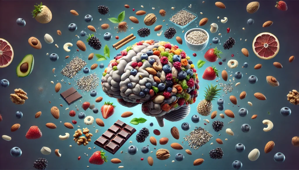 A futuristic visualization of a brain surrounded by floating healthy snacks like nuts, berries, dark chocolate, and whole grains, symbolizing their cognitive benefits for test taking.
ALT Text: "A futuristic brain visualization with floating test snacks, emphasizing the link between nutrition and academic performance."
