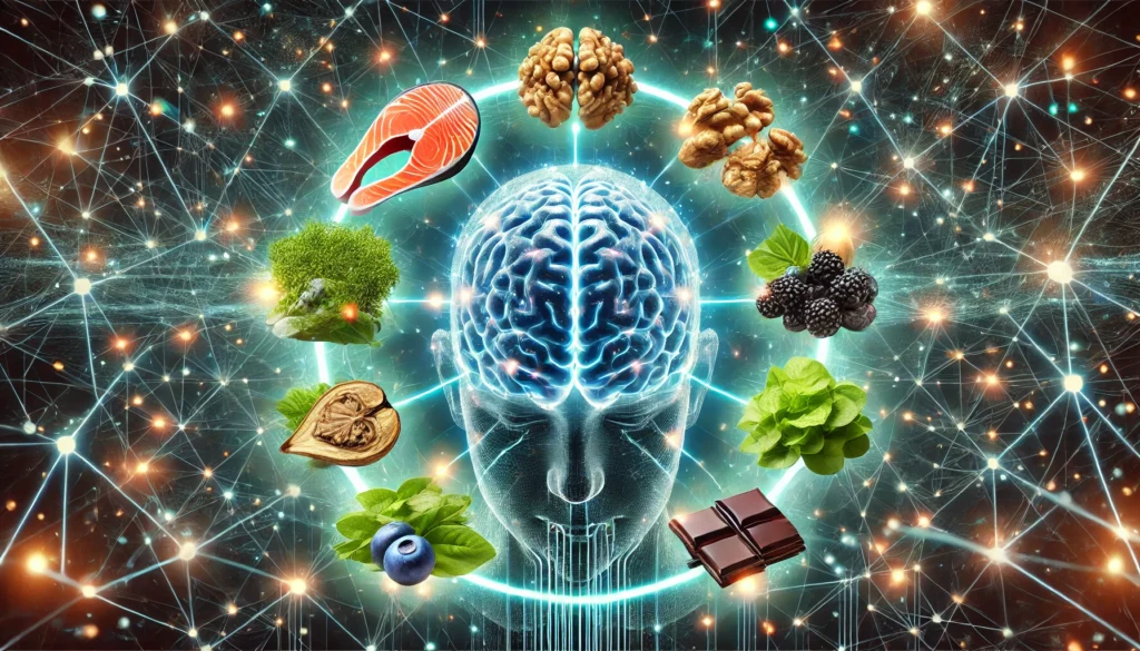 A futuristic visualization of a human brain surrounded by glowing representations of brain foods.