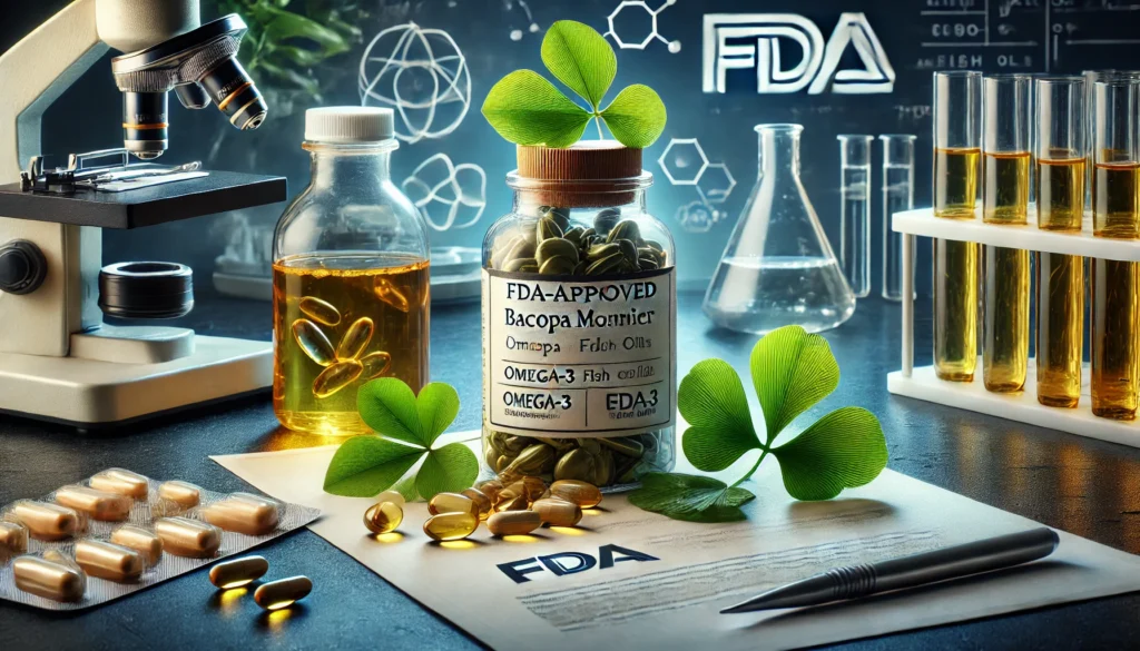 A visually striking image of FDA-approved memory supplements, featuring an open bottle of Bacopa Monnieri capsules, omega-3 fish oil pills, and ginkgo biloba leaves arranged on a scientific research desk with lab equipment in the background.
