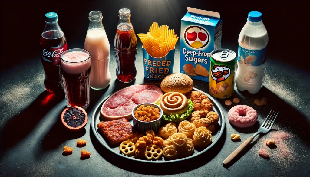 A visually compelling image showing a selection of brain-damaging foods, including processed meats, deep-fried snacks, high-sugar cereals, and artificially sweetened beverages, displayed on a dark plate with dramatic lighting to emphasize their negative effects on brain function.
