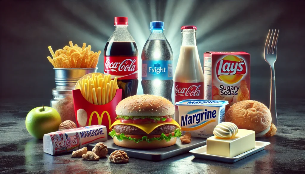 A high-quality digital rendering of unhealthy foods associated with cognitive decline, including fast food items, sugary sodas, margarine, and packaged snacks, displayed on a kitchen counter with dramatic lighting emphasizing their potential negative impact on brain health.