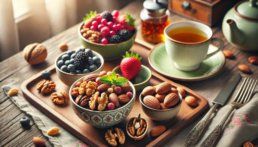 A visually appealing breakfast setup featuring brain-boosting nuts, including a small bowl of mixed walnuts, almonds, and pecans alongside a cup of green tea and a plate of fresh berries, arranged on a cozy wooden breakfast table with soft morning light.