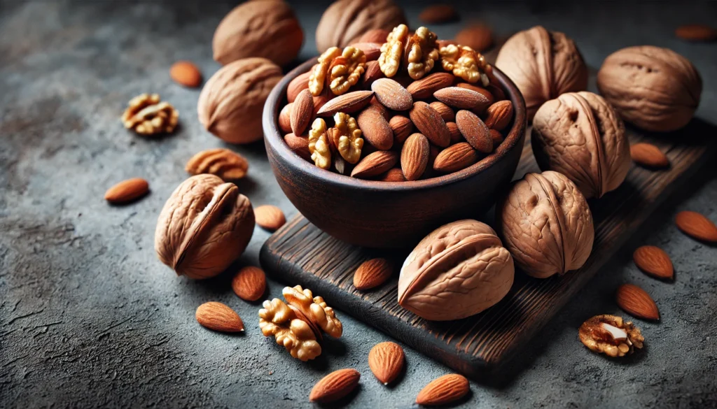 A beautifully arranged still-life composition of walnuts and almonds scattered on a dark, textured surface, with a soft focus on the background to create an elegant and nutritious representation of brain-boosting foods.