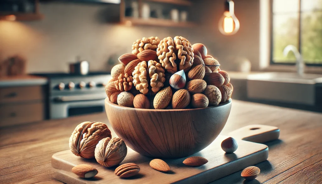 A high-quality digital rendering of a bowl filled with brain-boosting nuts, including walnuts, almonds, and hazelnuts, placed on a wooden kitchen countertop with soft, warm lighting to highlight their natural textures.