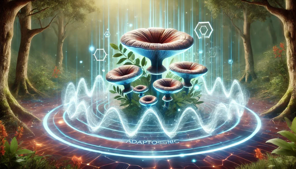 A futuristic representation of Reishi mushrooms emitting glowing adaptogenic waves, blending natural forest elements with digital patterns to symbolize stress relief and mental clarity.