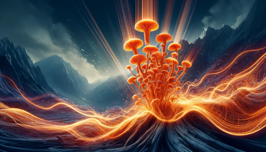 A dynamic visualization of Cordyceps mushrooms radiating glowing orange energy waves, symbolizing enhanced energy and athletic performance with a backdrop of rugged mountains and vitality patterns.
