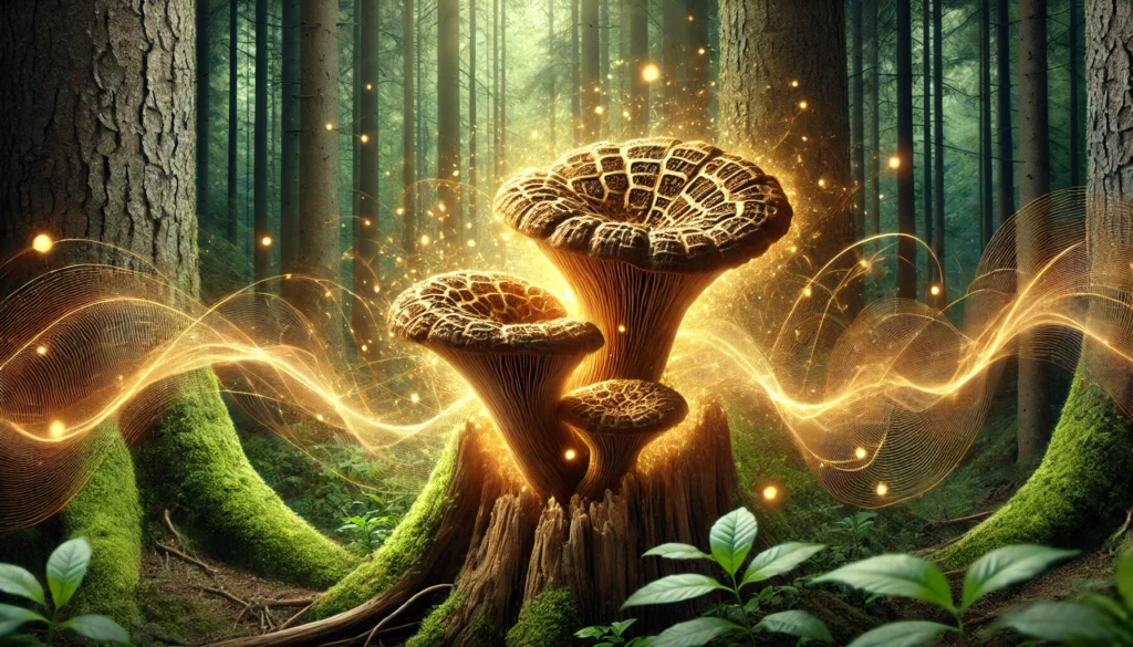 "A conceptual image of Chaga mushrooms glowing with golden light, symbolizing antioxidant power and cellular protection, set against a dense forest and swirling energy patterns for wellness and vitality.