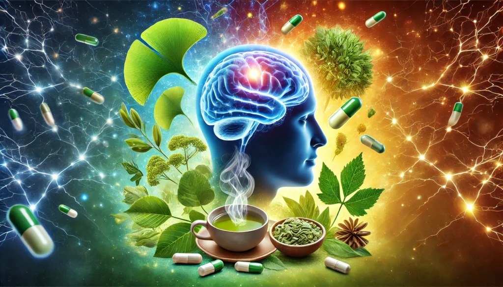 A visually captivating depiction of nootropic benefits, featuring a glowing human brain surrounded by steaming green tea, Ginkgo Biloba leaves, and capsules, with a background transitioning from vibrant neural pathways to calming earth tones, symbolizing cognitive balance and enhancement.