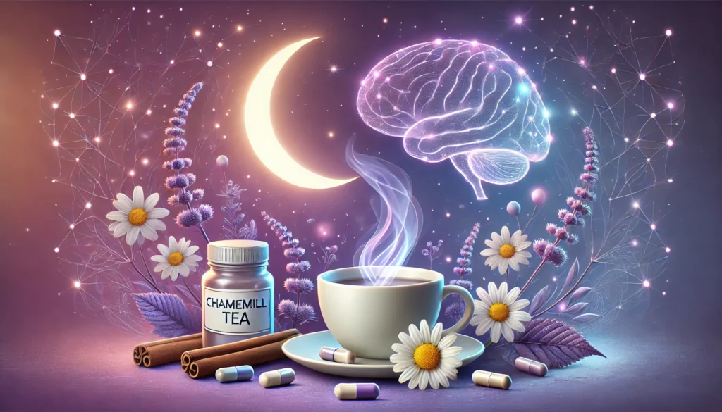 "A tranquil conceptual illustration of sleep-enhancing nootropics, featuring steaming chamomile tea, a glowing crescent moon, Valerian root, and capsules arranged harmoniously, with a calming purple background fading into soft neural light patterns, symbolizing relaxation and rejuvenating sleep.