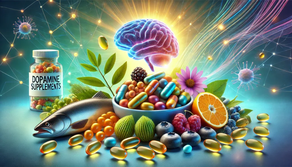 A conceptual depiction of dopamine supplements featuring Mucuna pruriens beans, Omega-3-rich fish, and blueberries arranged alongside glowing capsules. The abstract background displays neural pathways in a radiant blue-green gradient, symbolizing mood enhancement and cognitive clarity.