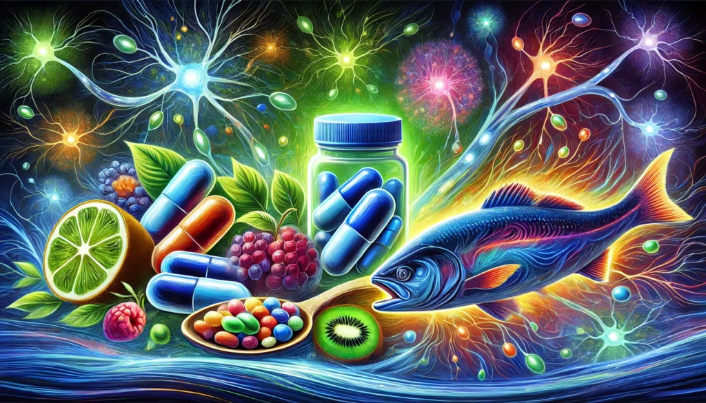 A conceptual depiction of dopamine supplements featuring Mucuna pruriens beans, Omega-3-rich fish, and blueberries arranged alongside glowing capsules. The abstract background displays neural pathways in a radiant blue-green gradient, symbolizing mood enhancement and cognitive clarity.