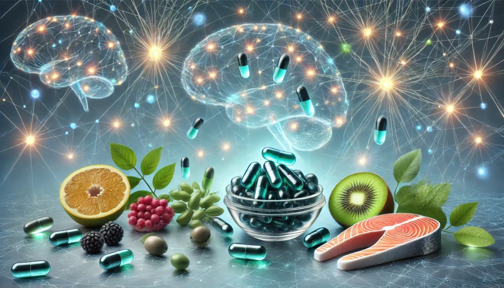 "A futuristic conceptual representation of dopamine supplements, featuring glowing capsules surrounded by natural elements like Mucuna pruriens seeds, Omega-3-rich salmon, and fresh berries. The background showcases intricate neural pathways and radiant synapses in calming blue and green hues, symbolizing cognitive enhancement and mood elevation.