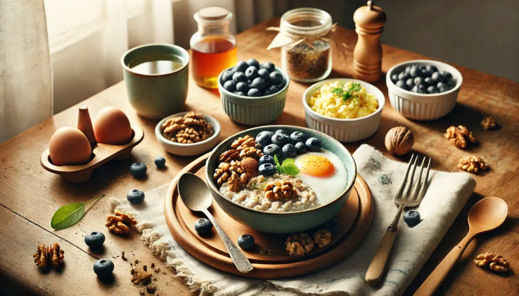 A visually appealing breakfast setup featuring brain-healthy foods, including a bowl of oatmeal topped with walnuts and blueberries, a side of scrambled eggs, and a cup of green tea, arranged on a cozy wooden breakfast table with soft morning light.