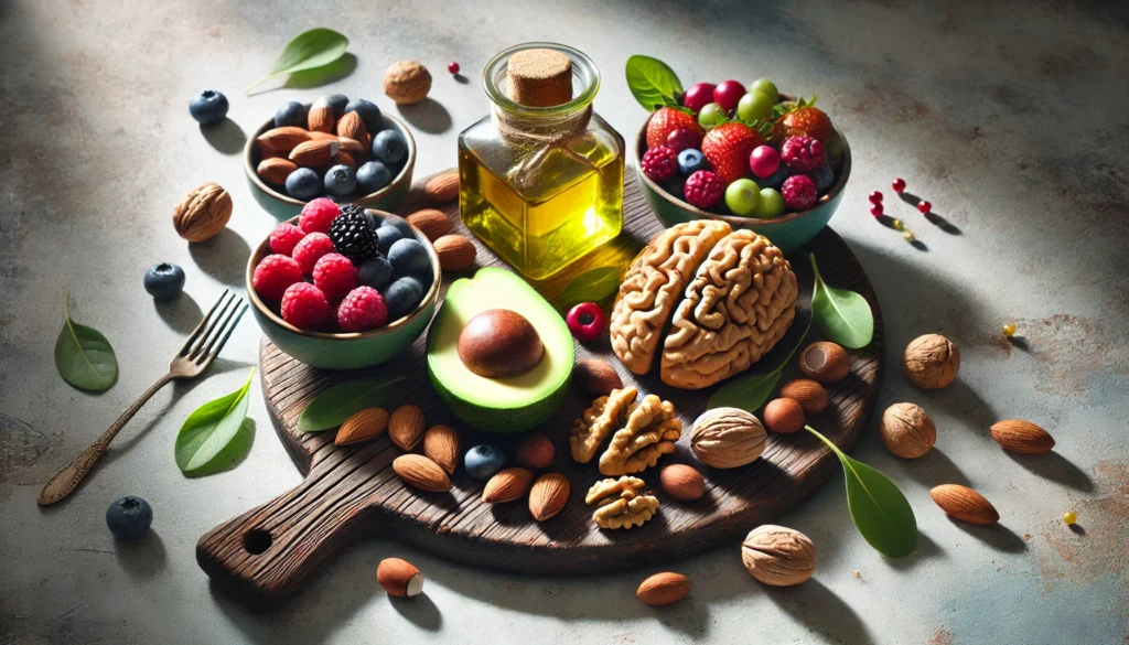 A beautifully arranged still-life composition of nutrient-dense foods for brain health, featuring a mix of nuts, avocado, olive oil, and fresh berries, displayed on a rustic wooden board with soft shadows for a natural and organic feel.