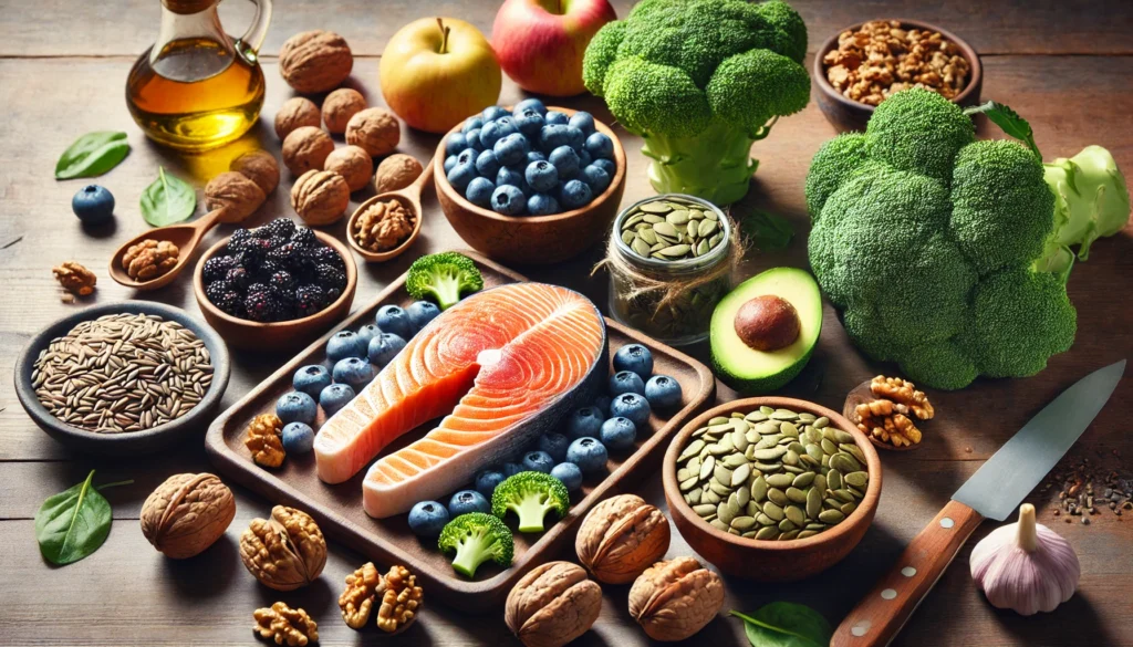 A visually appealing image showcasing a variety of nutrient-rich foods that are good for brain health, including salmon, blueberries, walnuts, broccoli, and pumpkin seeds, arranged on a wooden table with natural lighting.