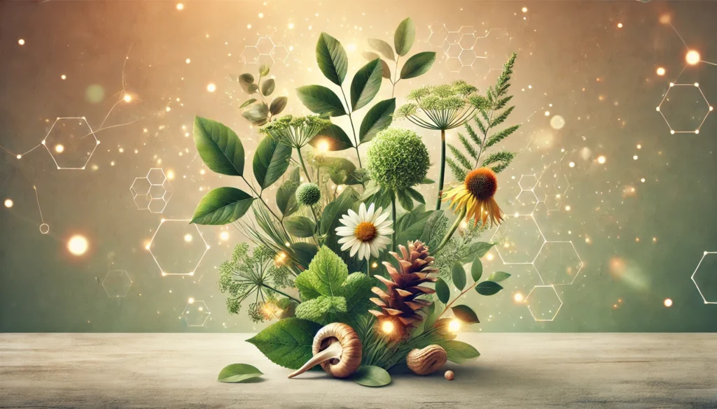 he image showcases a serene artistic representation of herbal nootropics, emphasizing natural and cognitive well-being with elements like Bacopa monnieri, Ginkgo biloba, and Ashwagandha. The soft earthy tones and glowing greenery convey a holistic and wellness-oriented aesthetic.