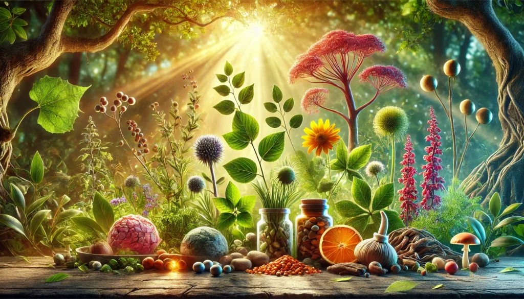 A widescreen artistic depiction of various nootropic herbs such as Bacopa Monnieri, Ginkgo Biloba, Rhodiola Rosea, and Ashwagandha, set in a lush, serene garden. The sunlight filters through trees, highlighting the vibrant and natural arrangement of the herbs. A glowing aura surrounds the herbs, symbolizing their cognitive and wellness benefits.
