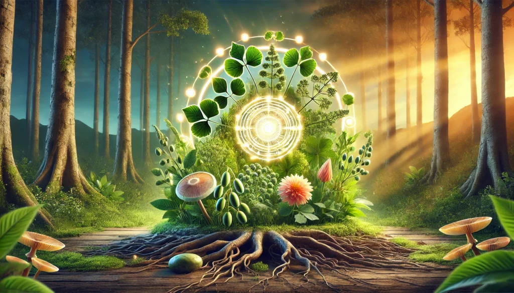 A widescreen artistic illustration showcasing a variety of nootropic herbs, including Ginkgo biloba leaves, Bacopa monnieri, and Ashwagandha roots, arranged in a serene natural setting with soft lighting and vibrant greenery, symbolizing cognitive enhancement and holistic wellness.