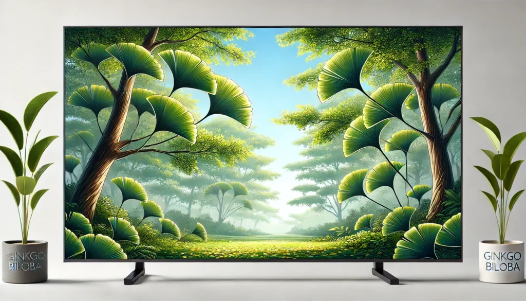 Tranquil outdoor scene with Ginkgo Biloba trees, showcasing fan-shaped green leaves under a bright blue sky, symbolizing cognitive enhancement and mental clarity.