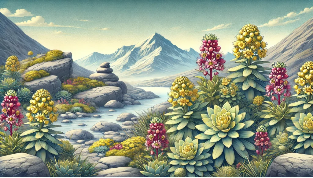 Serene mountainous landscape with Rhodiola Rosea plants featuring yellow flowers and greenish-red leaves, symbolizing balance, resilience, and emotional well-being.