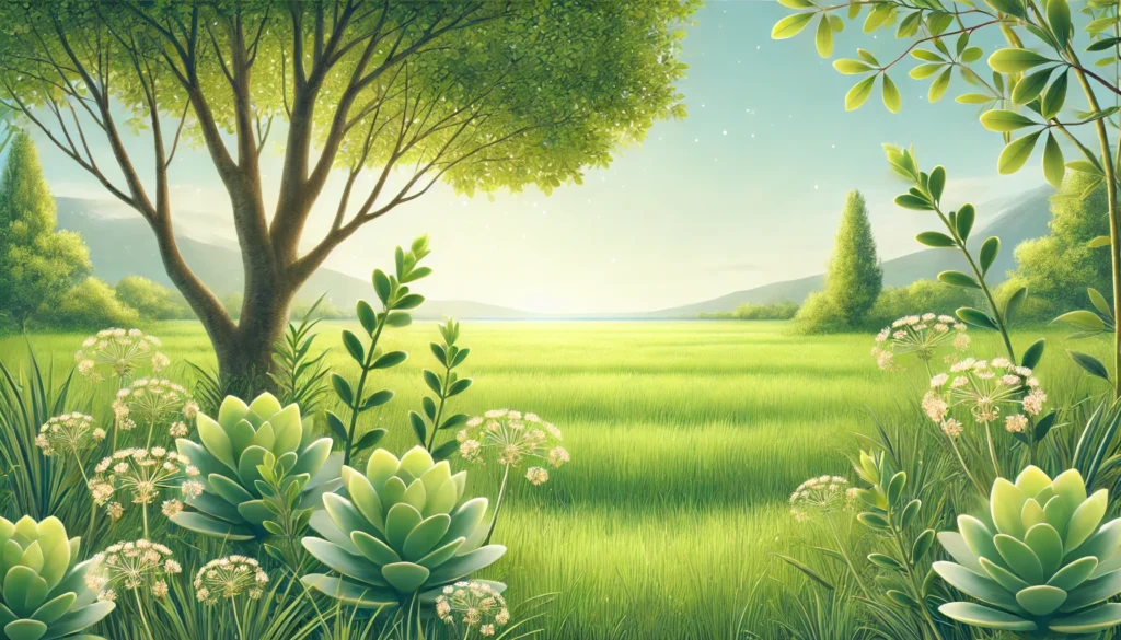 Serene natural setting featuring nootropic-rich herbs like Rhodiola Rosea and Ginkgo Biloba growing in a vibrant green field, with soft sunlight filtering through the trees to emphasize the natural origins and benefits of cognitive enhancers.