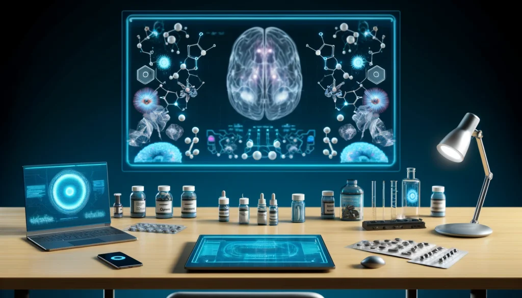 Futuristic lab with glowing holographic displays of neurotransmitters and nootropic molecules, featuring a clean desk with nootropic supplements, a digital tablet, and scientific equipment to emphasize innovation in cognitive enhancement research.