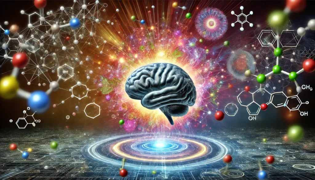An artistic depiction of the human brain surrounded by vibrant neural connections and chemical structures, symbolizing the cognitive effects of narcolepsy medications