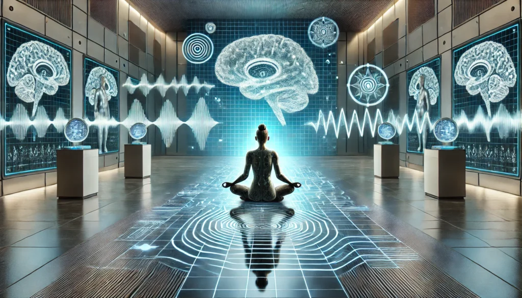 "A futuristic scene of a person meditating in a serene environment, surrounded by digital projections of brainwaves and neural pathways, symbolizing the cognitive enhancement from narcolepsy medications.