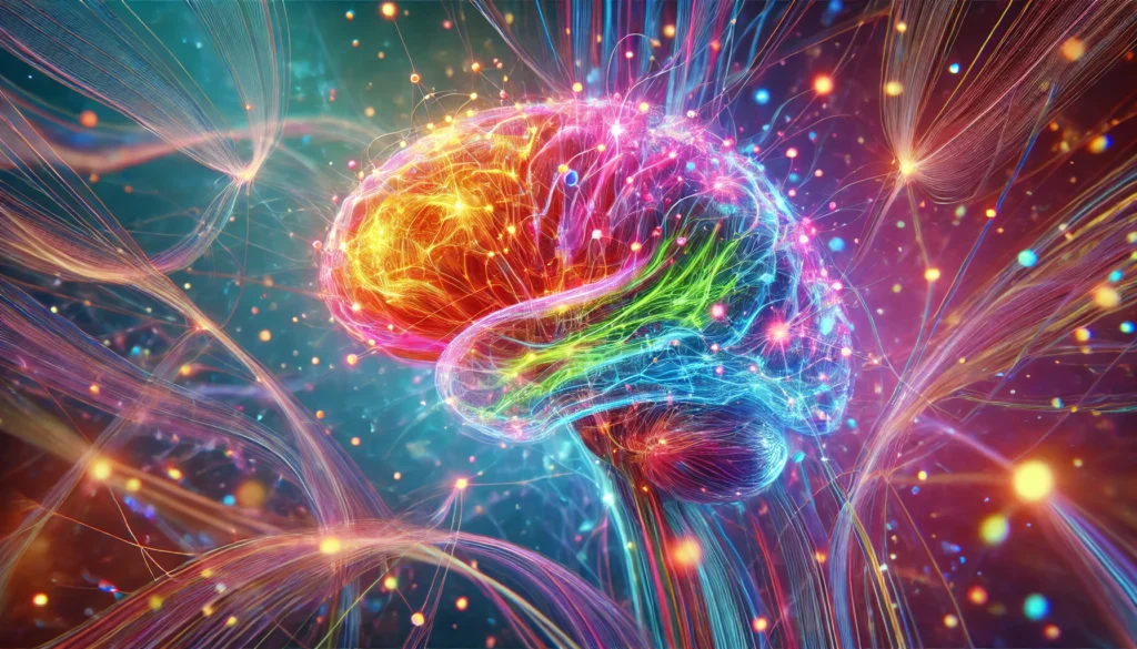 A close-up view of a vibrant neural network in the brain, illuminated with dynamic colors symbolizing cognitive stimulation and enhancement from narcolepsy medication, set against a soft gradient background.