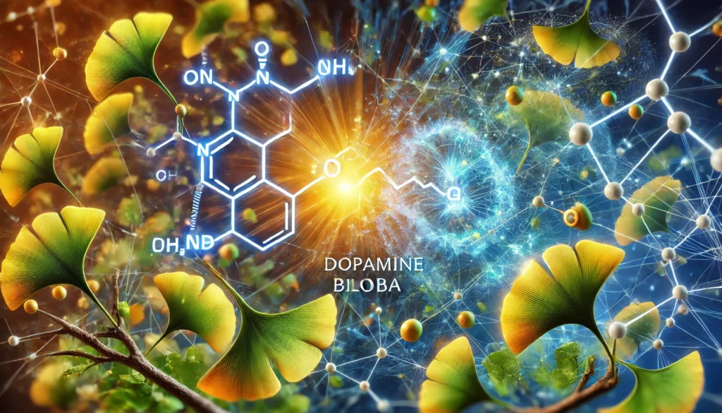 An abstract representation of neurotransmitter activity featuring glowing dopamine molecular diagrams and Ginkgo Biloba leaves, blending natural and scientific elements to symbolize cognitive and emotional benefits.