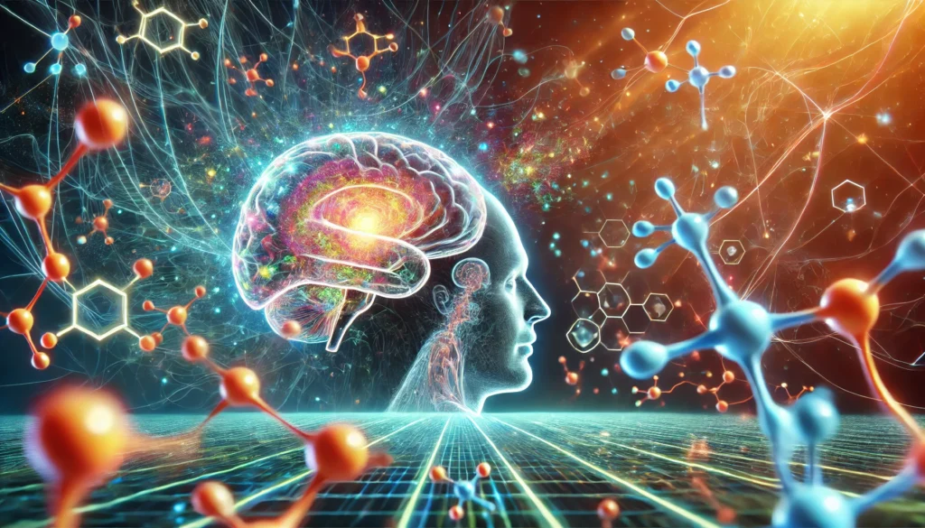An artistic visualization of bromantane peptides interacting with neural pathways in the human brain, featuring glowing dopamine molecules and vibrant neural networks, symbolizing cognitive enhancement and mental clarity.