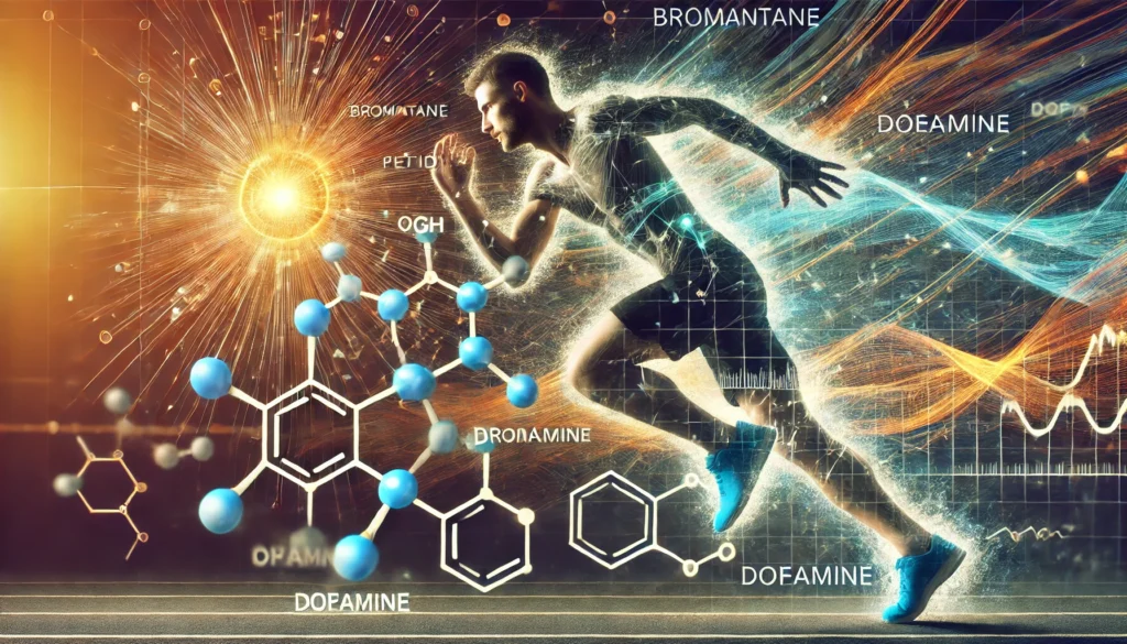 A dynamic scene of an athlete mid-performance, surrounded by abstract overlays of bromantane peptides, dopamine molecules, and energy pathways, symbolizing the dual benefits of enhanced physical endurance and mental clarity.