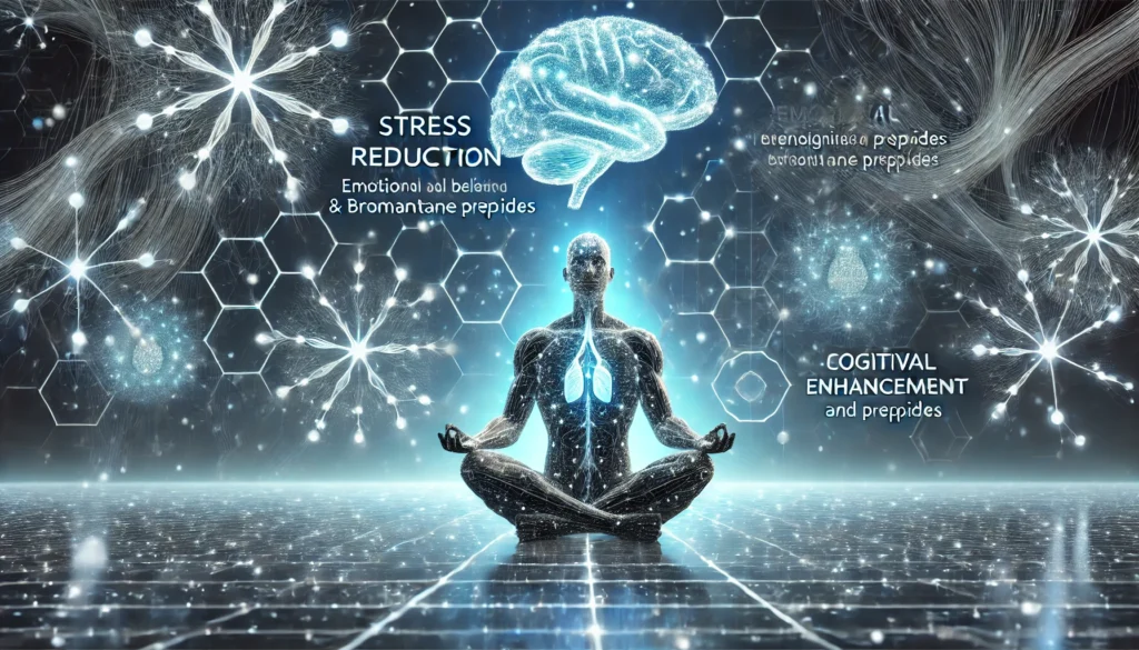 A serene yet futuristic scene of a person meditating, with glowing neural networks and bromantane peptides in the background, symbolizing emotional balance, cognitive enhancement, and mental resilience.