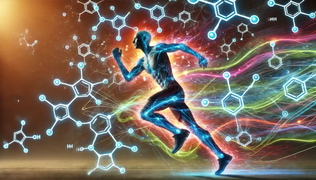An energetic depiction of an athlete mid-run, overlaid with abstract norepinephrine molecules and glowing pathways, symbolizing enhanced endurance and physical performance