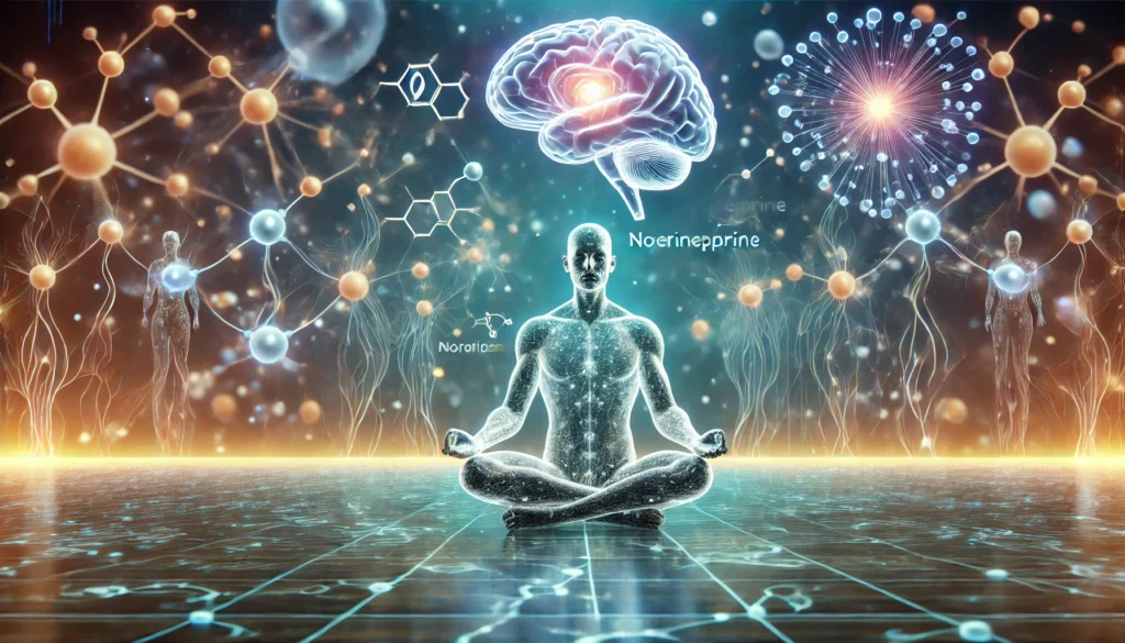 A serene depiction of a person meditating, with glowing norepinephrine molecules and neural pathways in the background, symbolizing emotional balance and enhanced mental clarity.