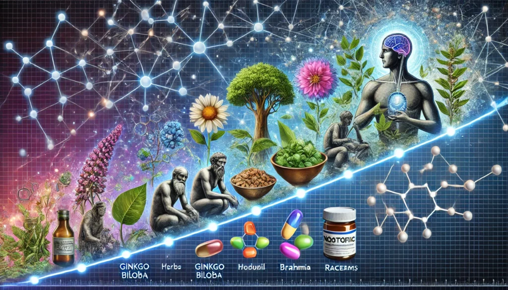 A dynamic timeline depicting the evolution of nootropics, starting with ancient herbs like ginkgo biloba and brahmi, progressing to modern compounds like modafinil and racetams, connected by glowing neural networks to symbolize history and innovation in cognitive enhancement.