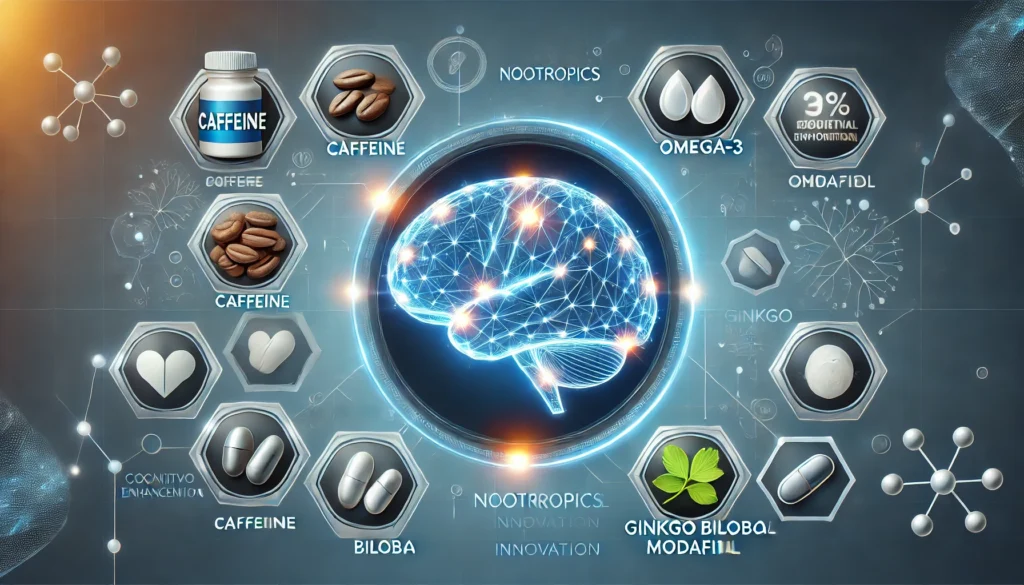 "A futuristic visualization of a human brain glowing with neural activity, surrounded by icons of popular nootropics like caffeine, omega-3, ginkgo biloba, and modafinil, symbolizing cognitive enhancement and wellness innovation."