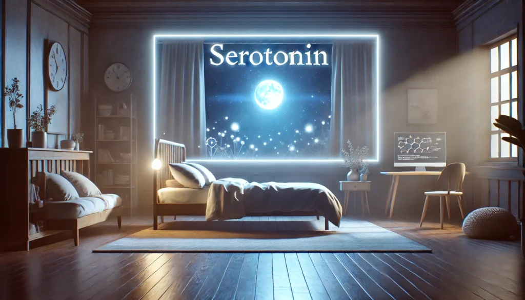 Tranquil bedroom with soft moonlight streaming through a window, highlighting a neatly made bed and cozy surroundings, symbolizing the connection between serotonin and restful sleep.