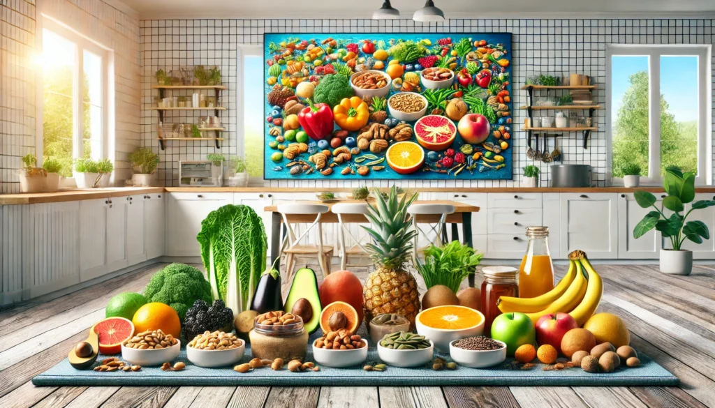 Vibrant table spread with healthy foods like fruits, vegetables, nuts, and seeds, set in a bright kitchen, highlighting the role of nutrition in serotonin balance and digestion.