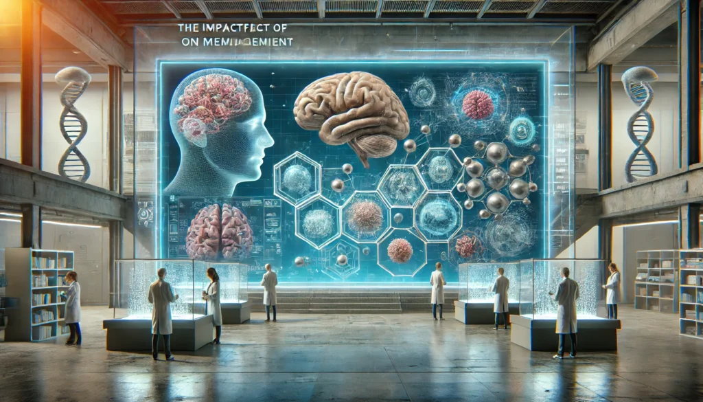 Modern, futuristic laboratory with scientists analyzing brain models and holographic neural pathways, symbolizing innovation in memory enhancement and cognitive health research.