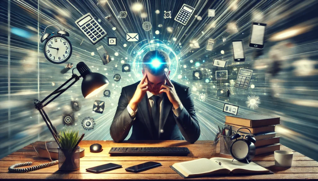 A professional at a modern office desk, visibly frustrated, surrounded by floating digital distractions like ringing phones and blurry screens. A small illuminated bubble around their head represents an attempted moment of focus amidst workplace chaos.
ALT Text: “Can’t concentrate: A stressed office worker struggling with digital interruptions and workplace distractions.”