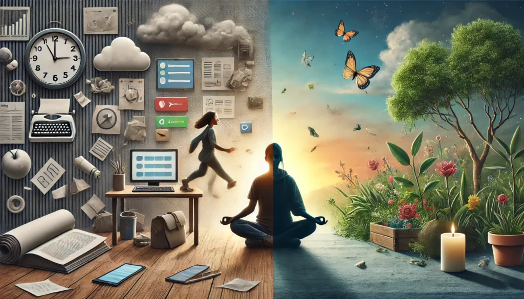 A person transitioning from a chaotic, distracted state into a calm, focused state through mindfulness meditation. One half of the background is filled with digital noise, while the other half is a peaceful nature scene symbolizing mental clarity.
ALT Text: “Can’t concentrate: A person using mindfulness meditation to shift from distraction to mental clarity and improved focus.”