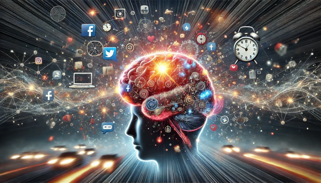 An artistic visualization of a glowing brain overwhelmed with distractions, including social media icons, alarm clocks, and scattered thought bubbles, representing mental overload and the difficulty of concentrating.
ALT Text: “Can’t concentrate: A conceptual illustration of an overloaded brain struggling with focus due to digital and mental distractions.”