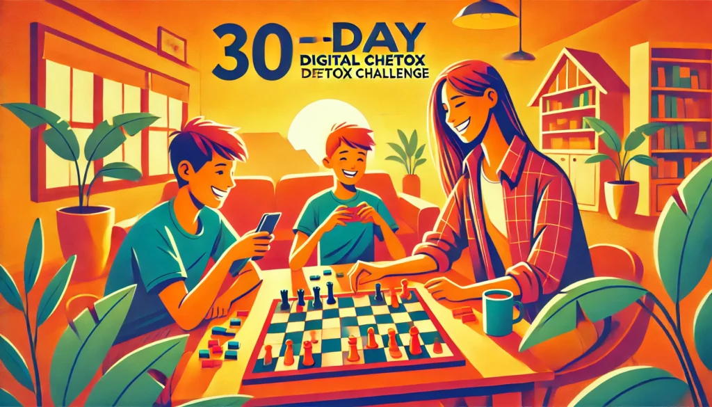 Strengthening Family Bonds
ALT Text: A vibrant digital illustration of a family spending time together, playing board games and laughing, without any digital devices in sight, representing the benefits of a 30-day digital detox challenge.