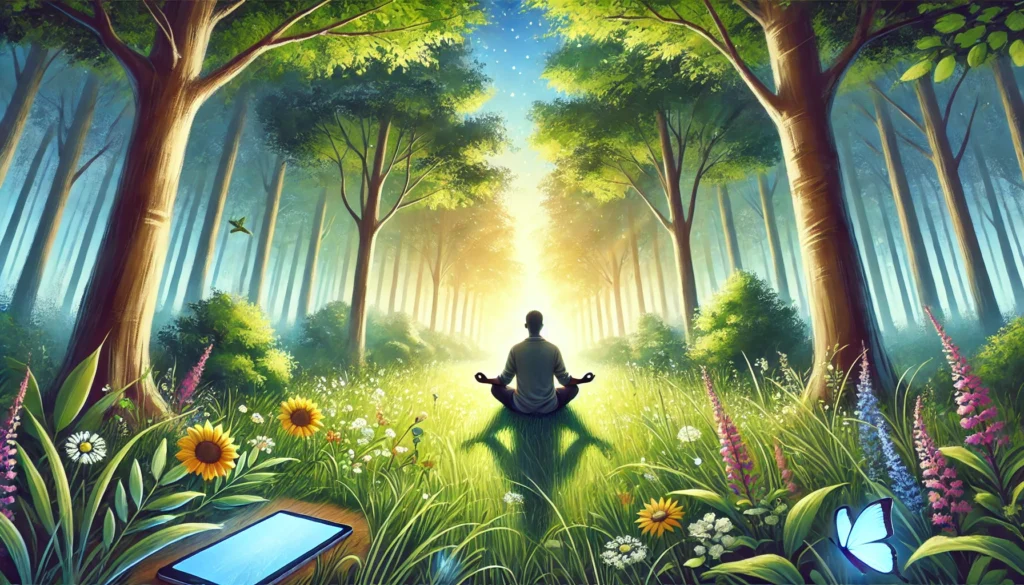 Finding Peace in Nature
ALT Text: A peaceful digital painting of a person enjoying nature, meditating in a forest without any digital devices, symbolizing the mental clarity and relaxation achieved through a 30-day digital detox challenge.