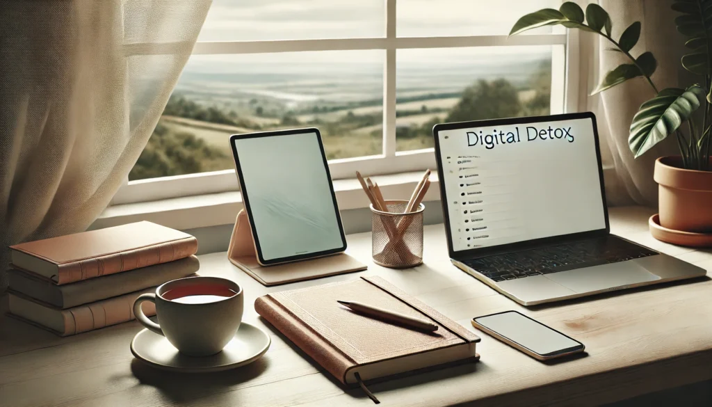 Image 4: Minimalist Digital-Free Workspace
ALT text: "A minimalist workspace featuring a journal, pen, and a cup of tea by a window with a view of nature. This image symbolizes mindfulness, self-reflection, and taking a break from screens for improved well-being during a digital detox challenge."
